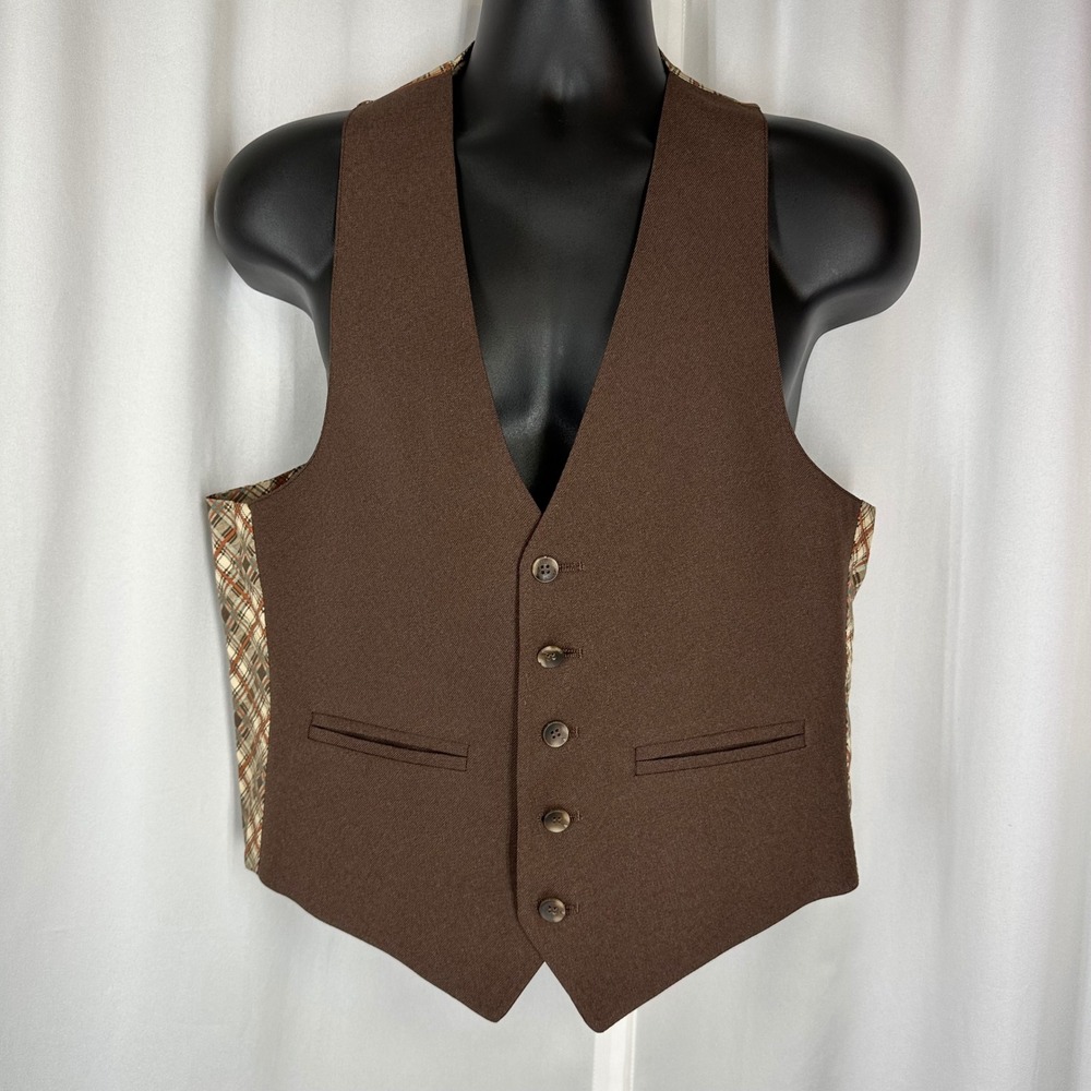 Men's Brown Plaid Back Button Vest Size M? Waistcoat Academia Unisex READ
